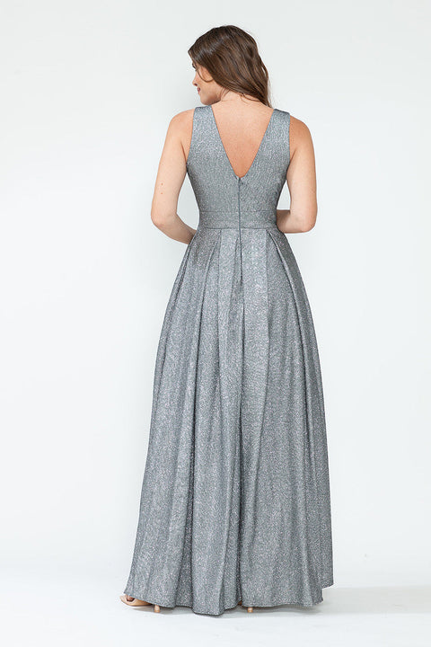 Pleated Long Metallic Formal Prom Dress Lenovia 5256