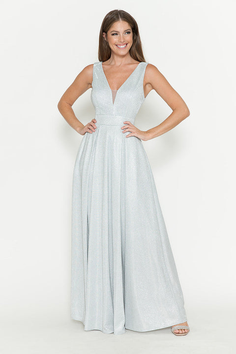 Pleated Long Metallic Formal Prom Dress Lenovia 5256