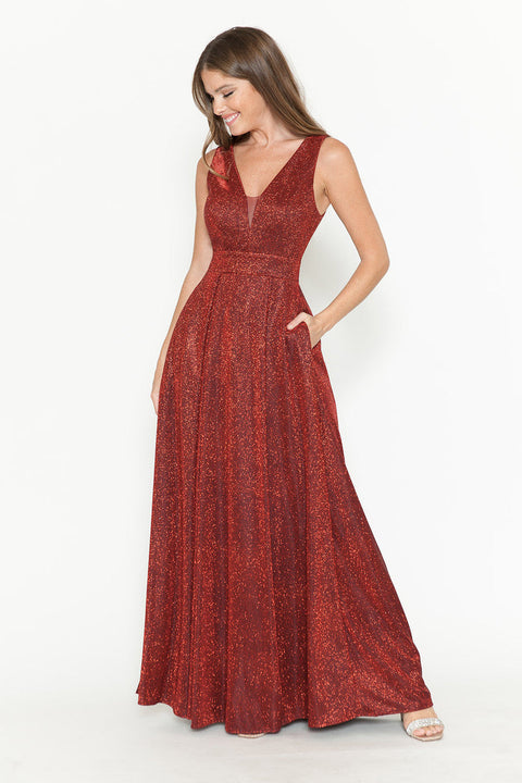 Pleated Long Metallic Formal Prom Dress Lenovia 5256