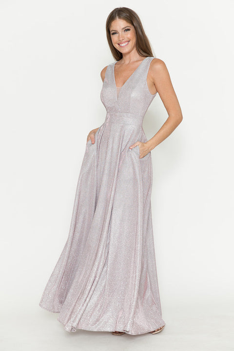 Pleated Long Metallic Formal Prom Dress Lenovia 5256