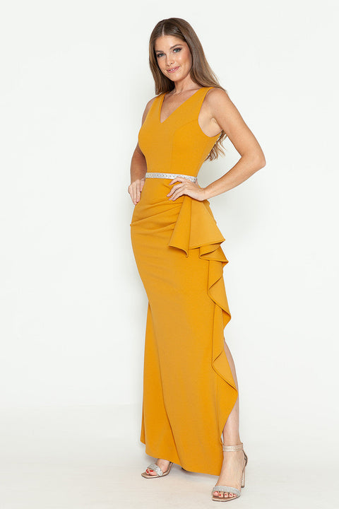 Long Ruffle Slit Formal Dress Lenovia 5287