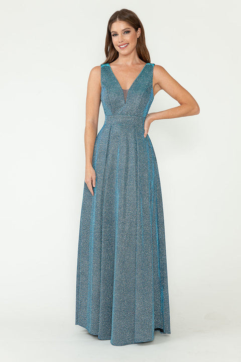 Pleated Long Metallic Formal Prom Dress Lenovia 5256