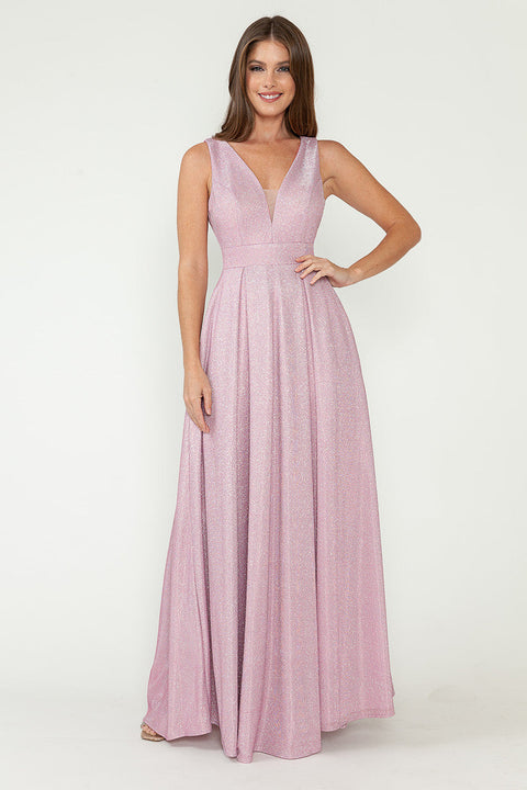 Pleated Long Metallic Formal Prom Dress Lenovia 5256