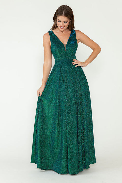 Pleated Long Metallic Formal Prom Dress Lenovia 5256