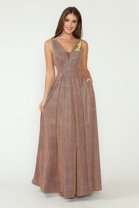 Pleated Long Metallic Formal Prom Dress Lenovia 5256
