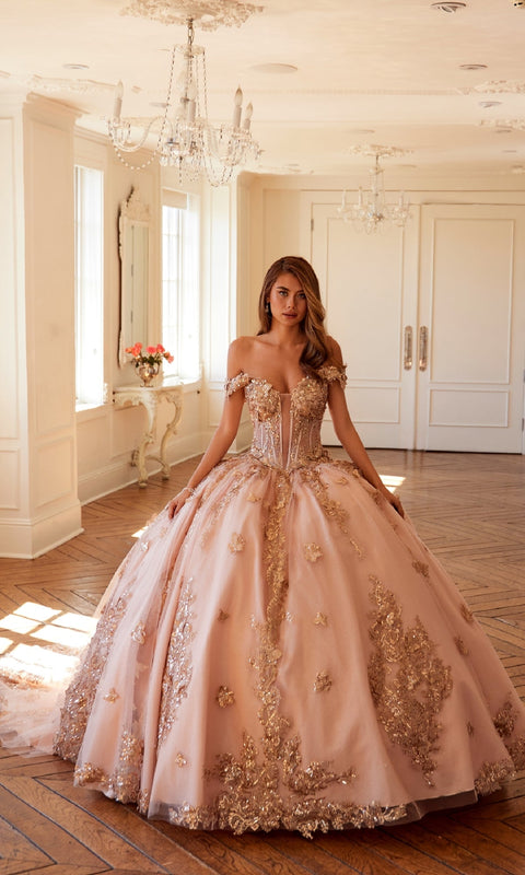 Juliet JT1485J Majestic Quinceañera Ball Gown with Glittering Appliqués and Tulle Layers