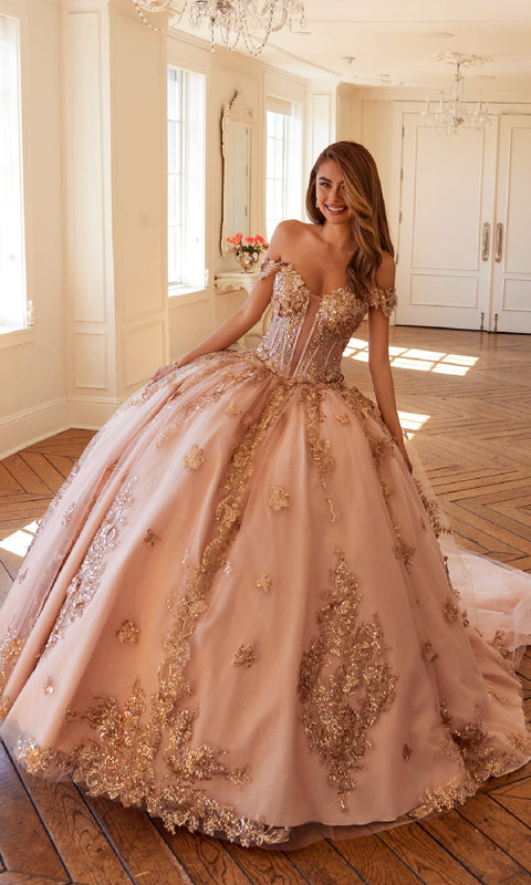 Juliet JT1485J Majestic Quinceañera Ball Gown with Glittering Appliqués and Tulle Layers