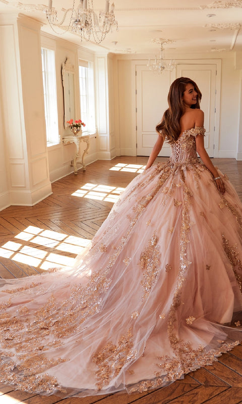 Juliet JT1485J Majestic Quinceañera Ball Gown with Glittering Appliqués and Tulle Layers