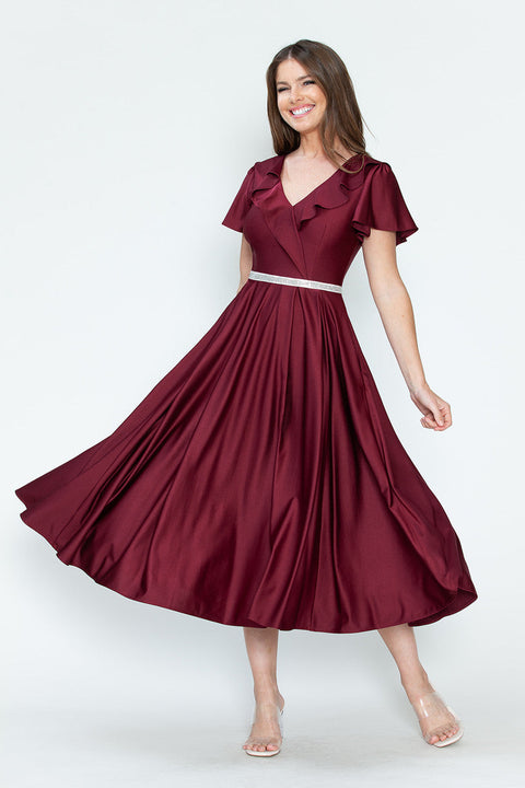 Short Ruffle Pleated Midi Cocktail Dress Lenovia 5295