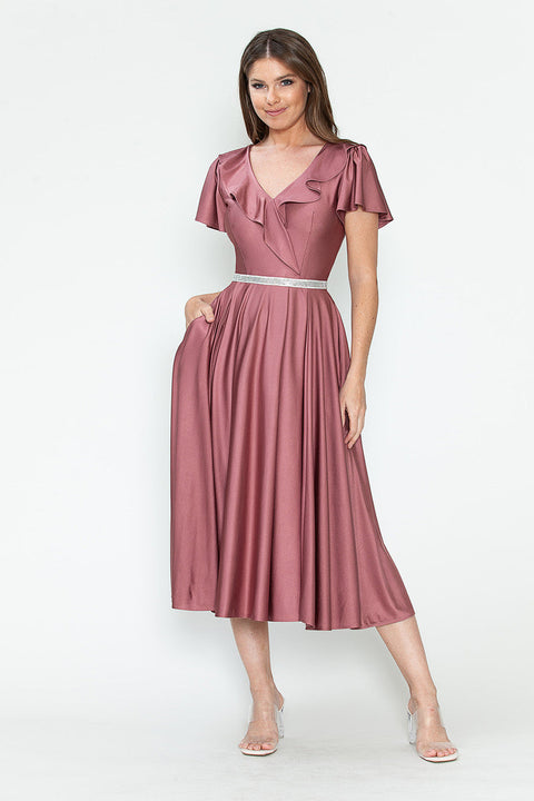 Short Ruffle Pleated Midi Cocktail Dress Lenovia 5295