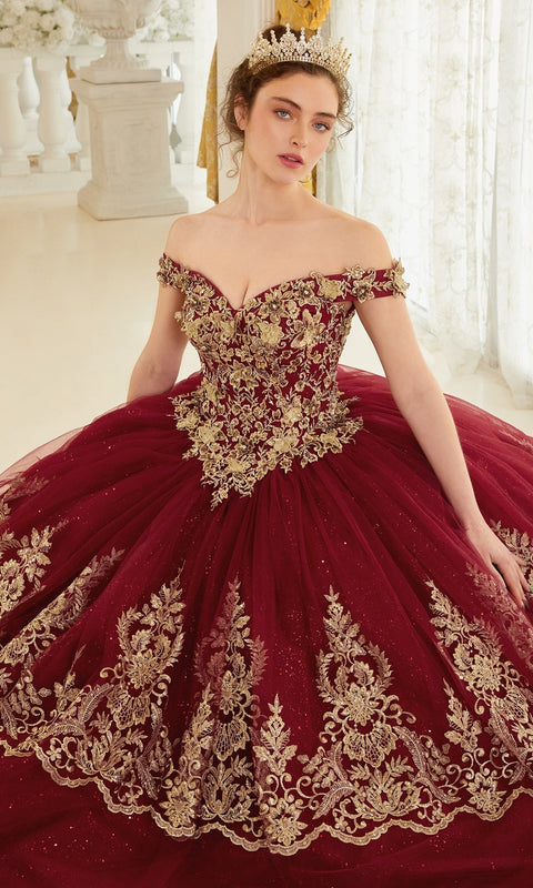 Ladivine 15705 Quinceañera Gown with Elegant Gold Embroidery