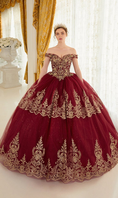 Ladivine 15705 Quinceañera Gown with Elegant Gold Embroidery
