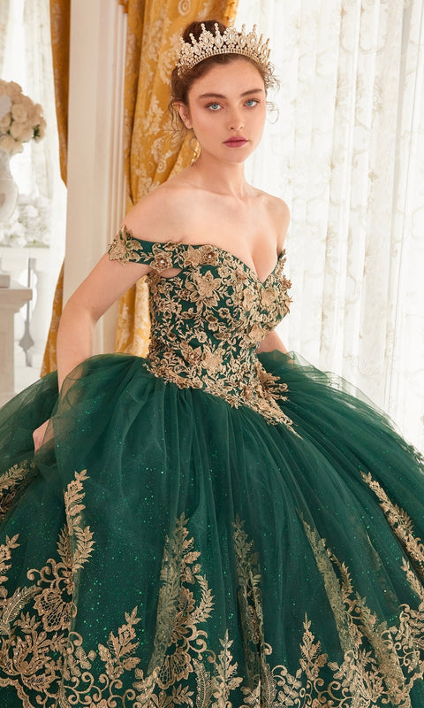 Ladivine 15705 Quinceañera Gown with Elegant Gold Embroidery