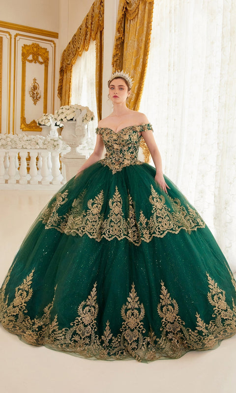 Ladivine 15705 Quinceañera Gown with Elegant Gold Embroidery