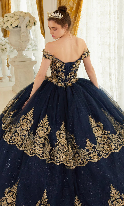 Ladivine 15705 Quinceañera Gown with Elegant Gold Embroidery