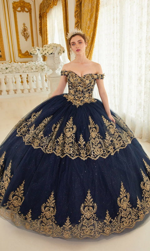 Ladivine 15705 Quinceañera Gown with Elegant Gold Embroidery