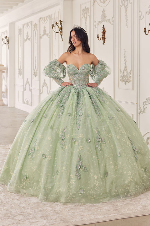 Applique Strapless Puff Sleeve Ball Gown by Ladivine 15722