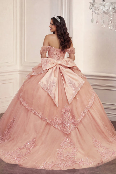 Ladivine 15729 applique off shoulder ball gown — back view