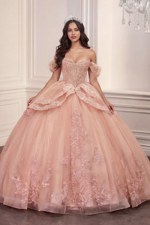 Ladivine 15729 applique off shoulder ball gown — front view