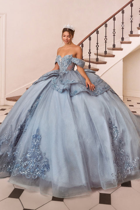 Ladivine 15729 applique off shoulder ball gown — front view