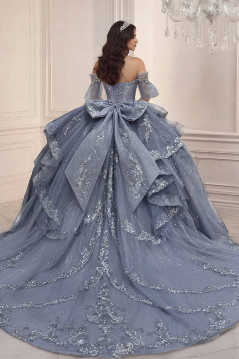Ladivine 15741 beaded halter ruffled ball gown — back view