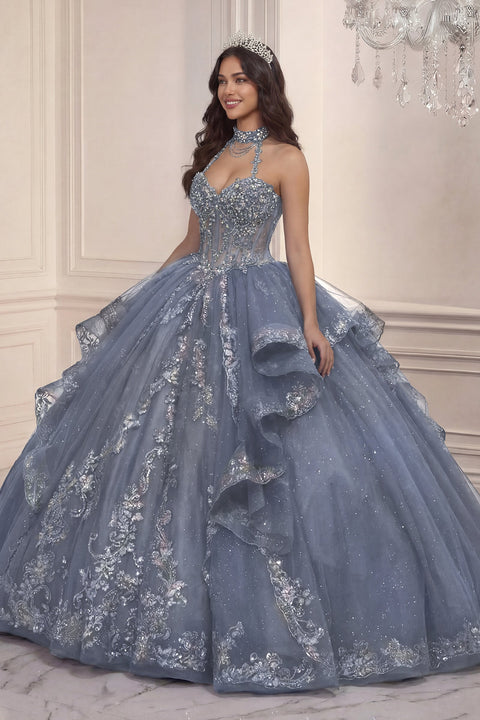 Ladivine 15741 beaded halter ruffled ball gown — front view