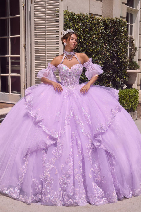 Ladivine 15741 beaded halter ruffled ball gown — product view