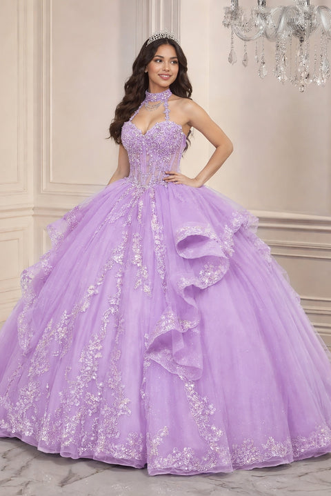 Ladivine 15741 beaded halter ruffled ball gown — front view