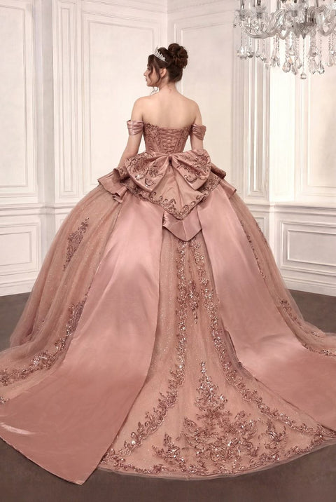 Ladivine 15745 applique off shoulder ball gown — back view