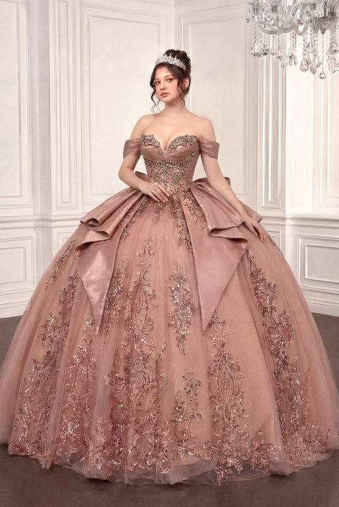 Ladivine 15745 applique off shoulder ball gown — front view
