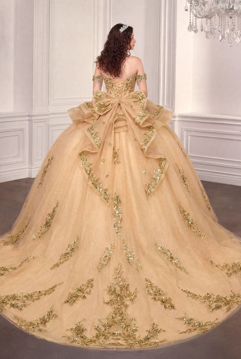 Ladivine 15746 off shoulder ruffled ball gown — back view
