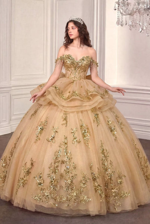 Ladivine 15746 off shoulder ruffled ball gown — front view