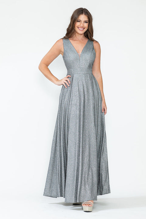 Pleated Long Metallic Formal Prom Dress Lenovia 5256