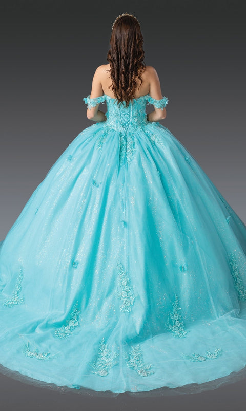Dancing Queen 1930 Sparkling Blue Quinceañera Ball Gown with Glitter Tulle and Floral Appliqué