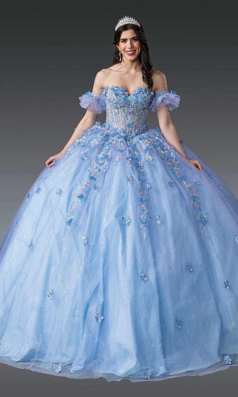Dancing Queen 1969 Sparkling Blue Quinceañera Ball Gown with Embellished Bodice and Tulle Skirt