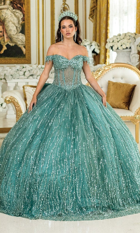 Dancing Queen 1982 Regal Long Corset Quinceañera Ball Gown with Lavish Embellishment