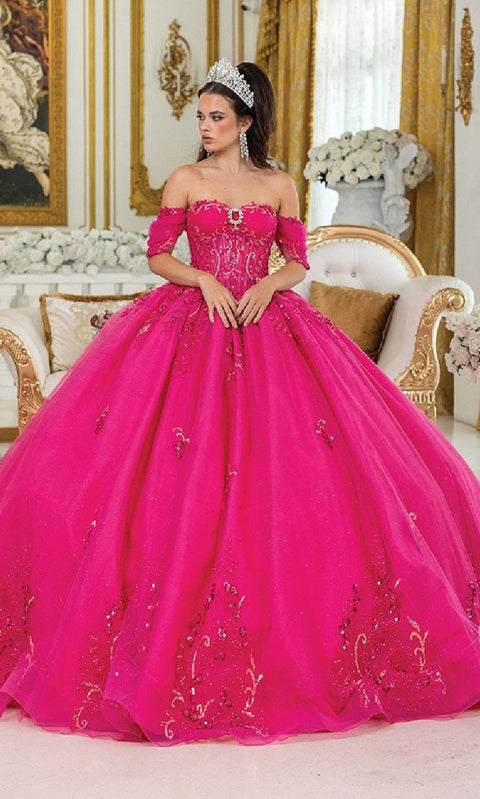 Dancing Queen 1987 Radiant Pink Quinceañera Ball Gown with Beaded Bodice and Layered Skirt