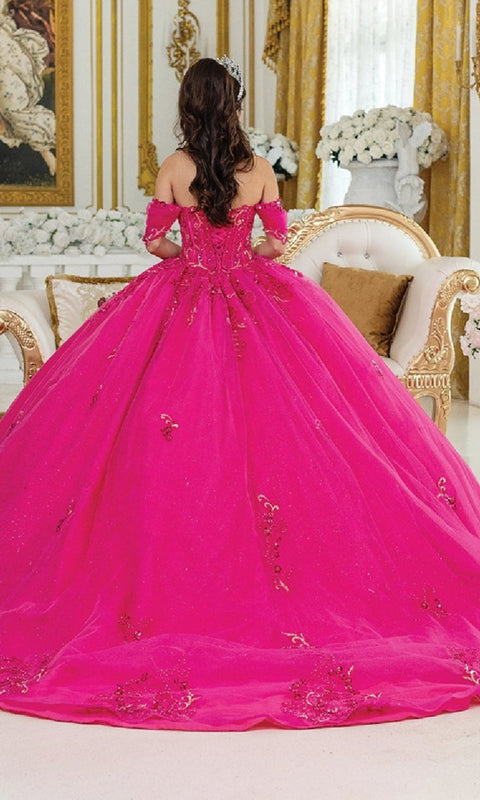 Dancing Queen 1987 Radiant Pink Quinceañera Ball Gown with Beaded Bodice and Layered Skirt