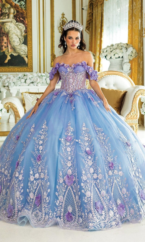 Dancing Queen 1999 Enchanting Blue Quinceañera Ball Gown with Glitter Tulle and Appliqué Detailing