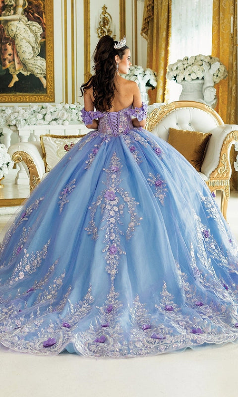 Dancing Queen 1999 Enchanting Blue Quinceañera Ball Gown with Glitter Tulle and Appliqué Detailing