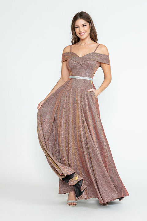 Long Pleated Formal Metallic Prom Dress Lenovia 5236