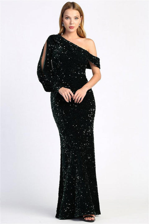 Adora Design 3070 One-Shoulder Sequin Mermaid Prom Dress in Dark Emerald