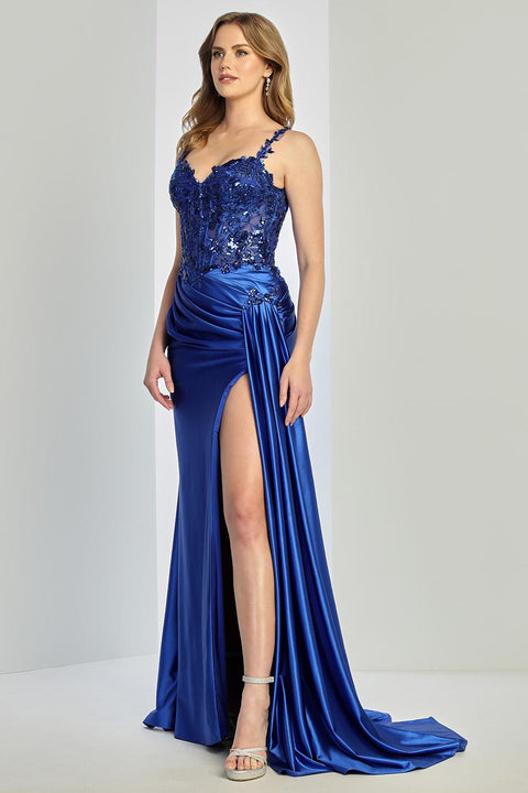 Adora Design 3257 Elegant Pleated Long Prom Dress with Appliqué Detailing and Side Slit for Formal Events