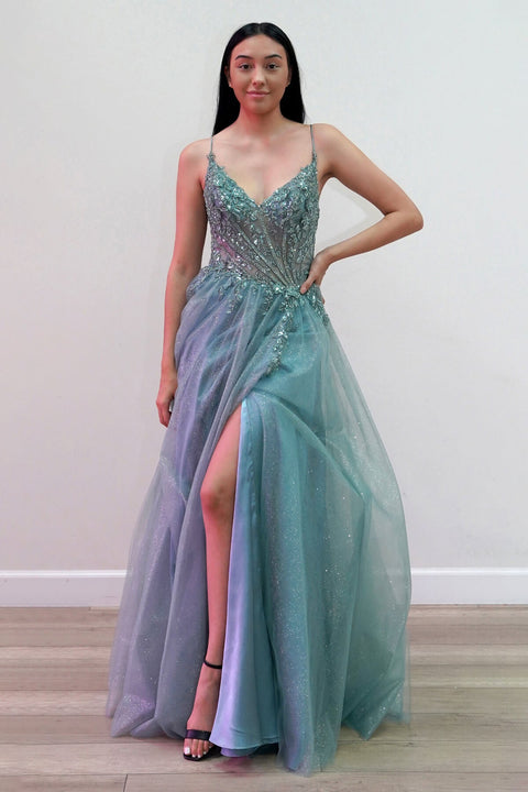 Juliet JT2618U Long V-Neck Corset Tulle Prom Dress – Fuchsia