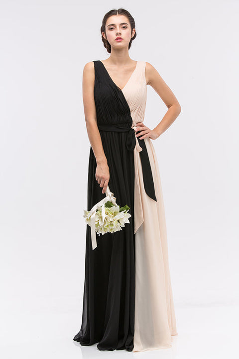 Eureka 2711 two-tone chiffon v-neck a-line gown — champagneblack2