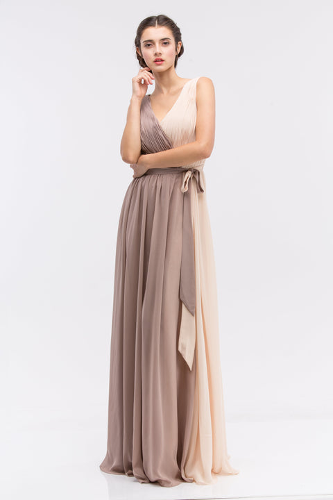 Eureka 2711 two-tone chiffon v-neck a-line gown — champagnemocha7
