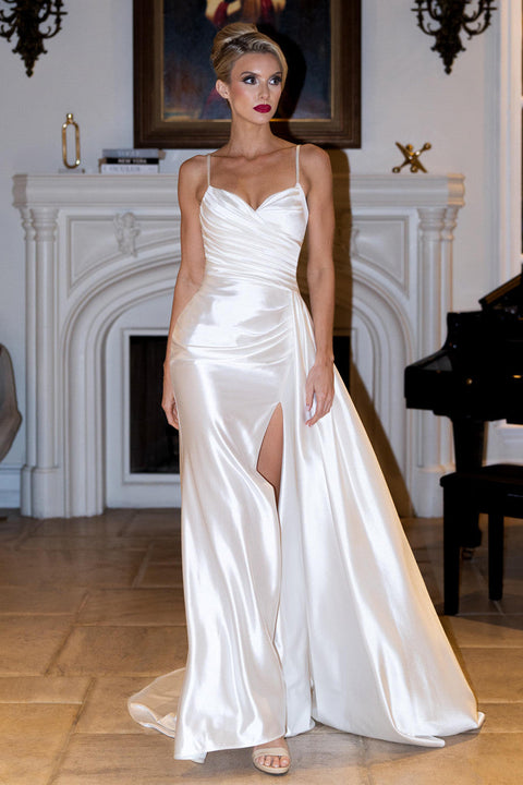 Long Fitted Pleated Wedding Dress Lenovia 8413