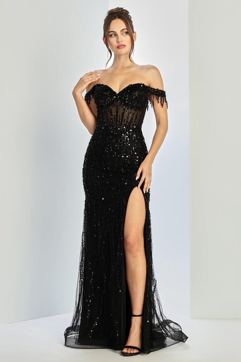 Adora Design 3238 Glamorous Fitted Long Prom Dress with Beaded Detailing and Side Slit for Formal Occasions