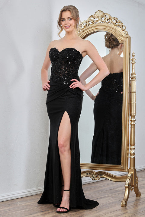 Adora Design 3253 Sparkling Glitter Long Prom Dress with Pleated Skirt and Side Slit for Formal Occasions