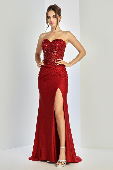Adora Design 3253 Sparkling Glitter Long Prom Dress with Pleated Skirt and Side Slit for Formal Occasions